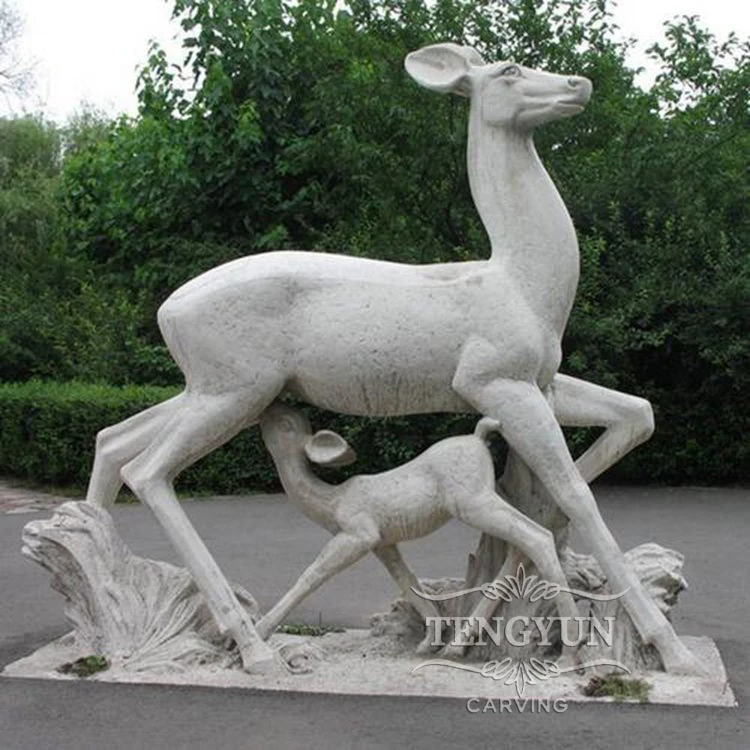 Stone Carving Deer Nurturing Fawn Large Deer Statue for Sale