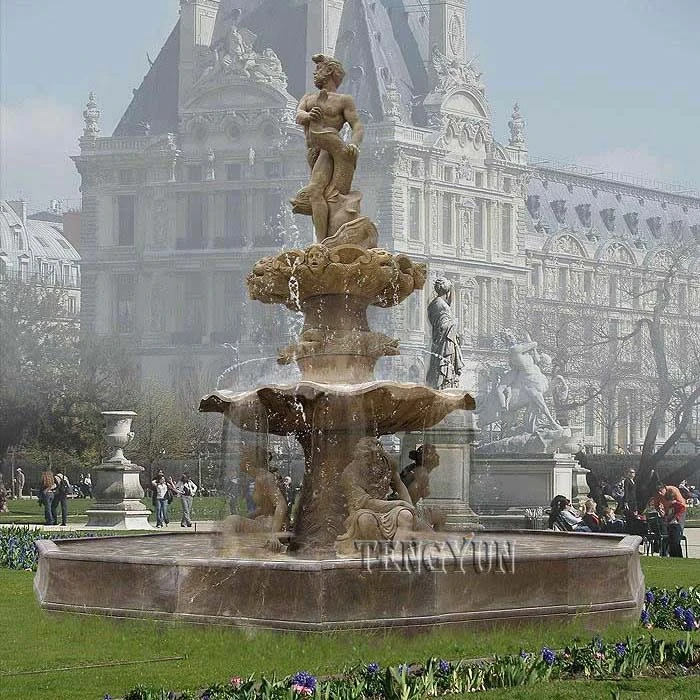 Custom Made Large Size Travertine Fountain Limestone Water Feature with Figure Statues