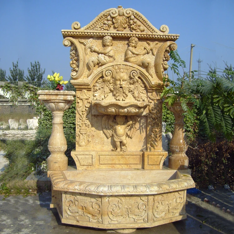 Egyptian Beige Marble Wall Fountain with Sculpted Statues
