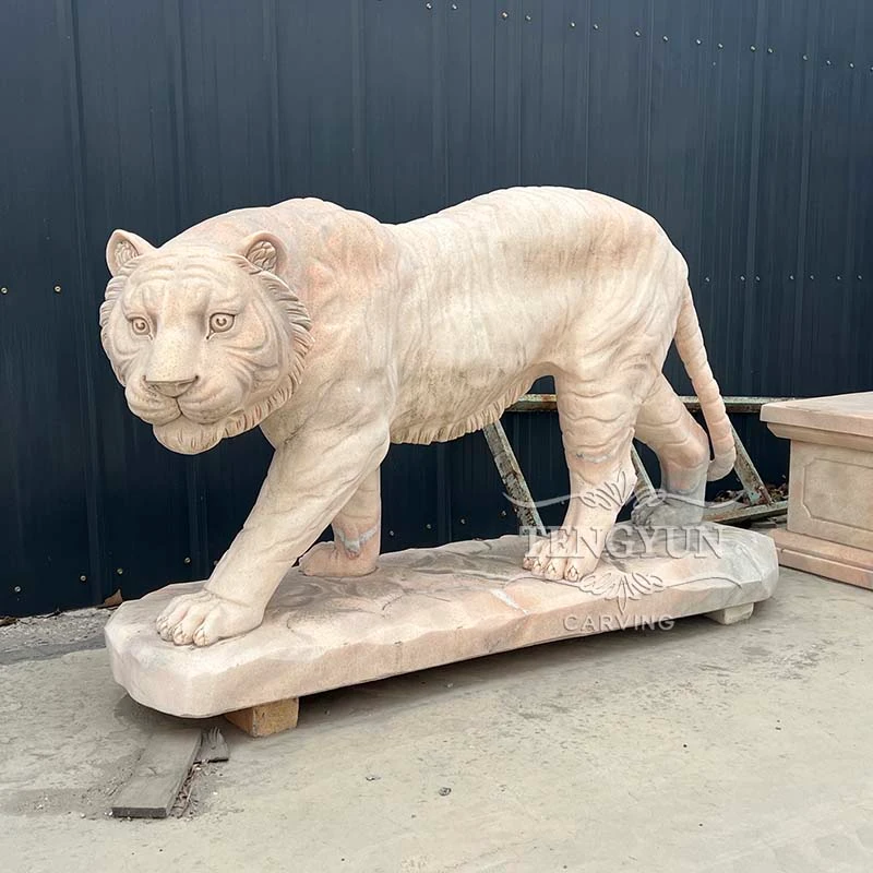 Sunset Red Marble Carved Walking Tiger Sculpture