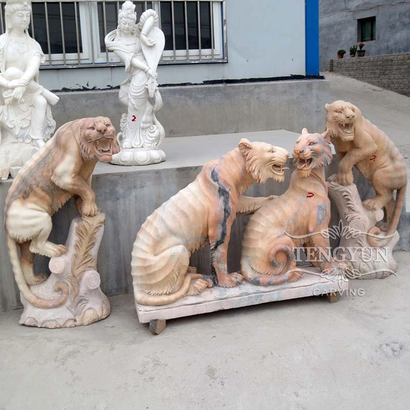 Sunset Red Marble Carved Playful Tiger Sculpture