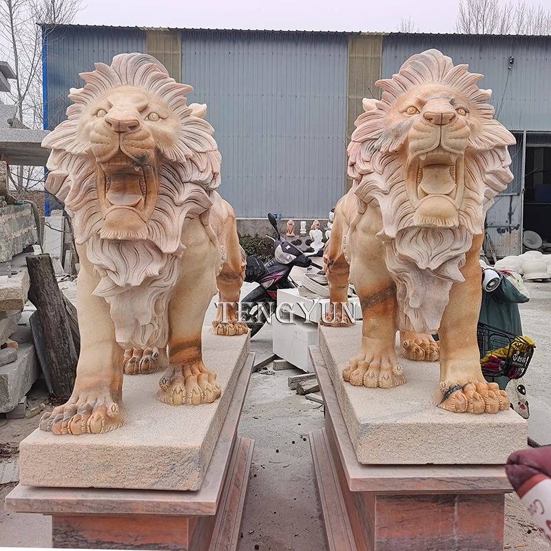 Pair of Roaring Sunset Red Marble Lion Statues