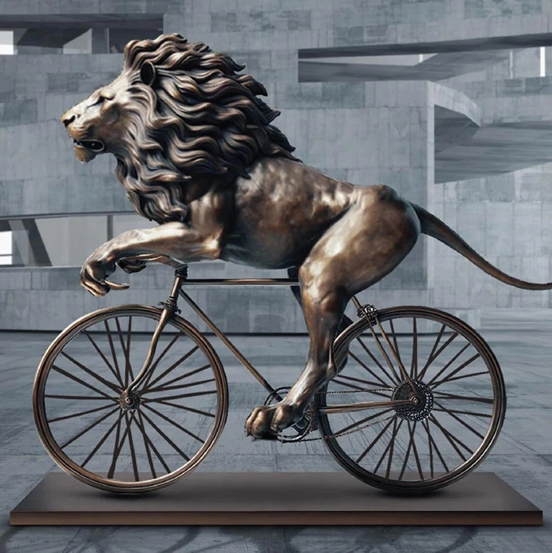Home Decorative The Lion Rices On A Bicycle Bronze Sculpture Metal Animal For Sale