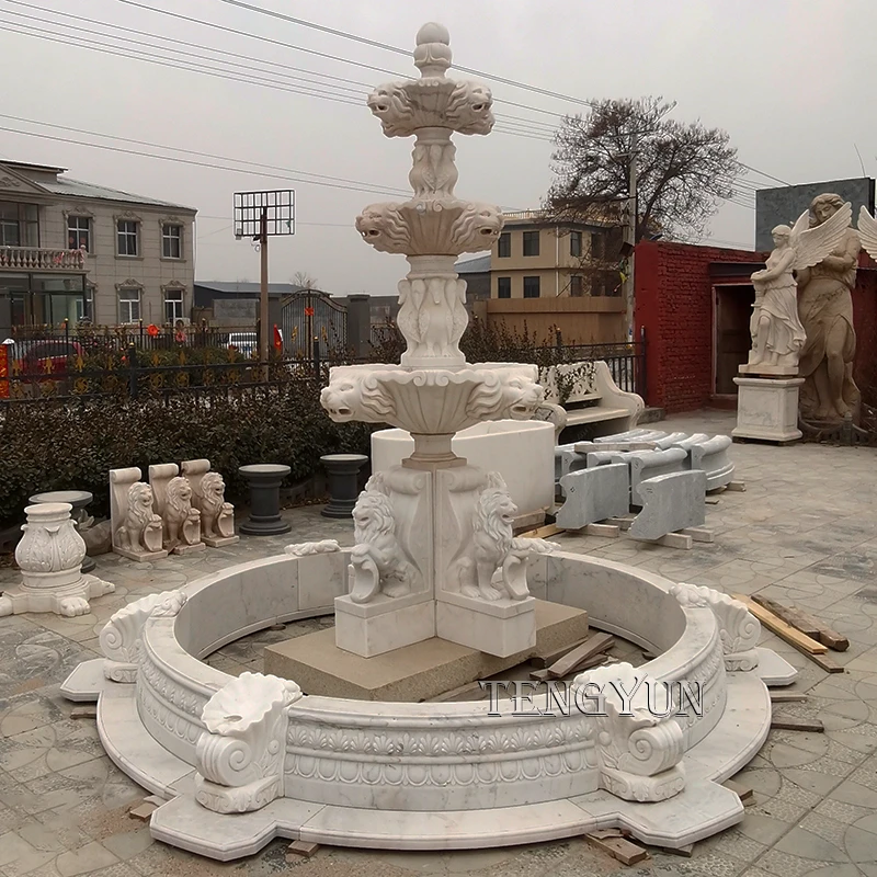 Three-Tier Marble Garden Fountain with Lion Statues