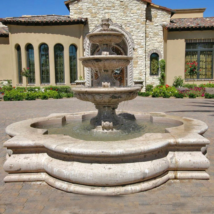 Traditional Beige Limestone Tiered European fountain with Special-Shaped Pool