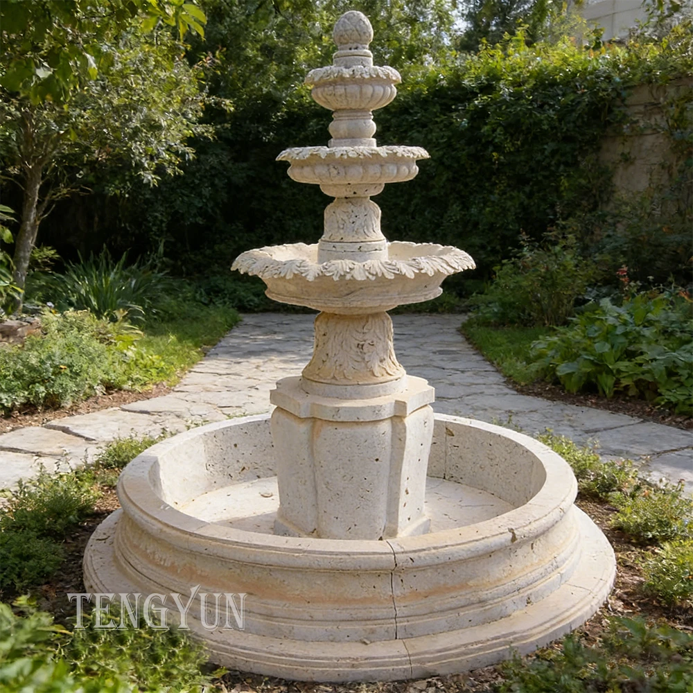 Carved Classical 3 Tier Natural Limestone Fountain for Villa