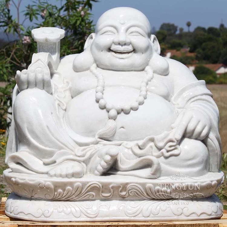 Custom White Marble Happy Buddha Statue Holding Ruyi