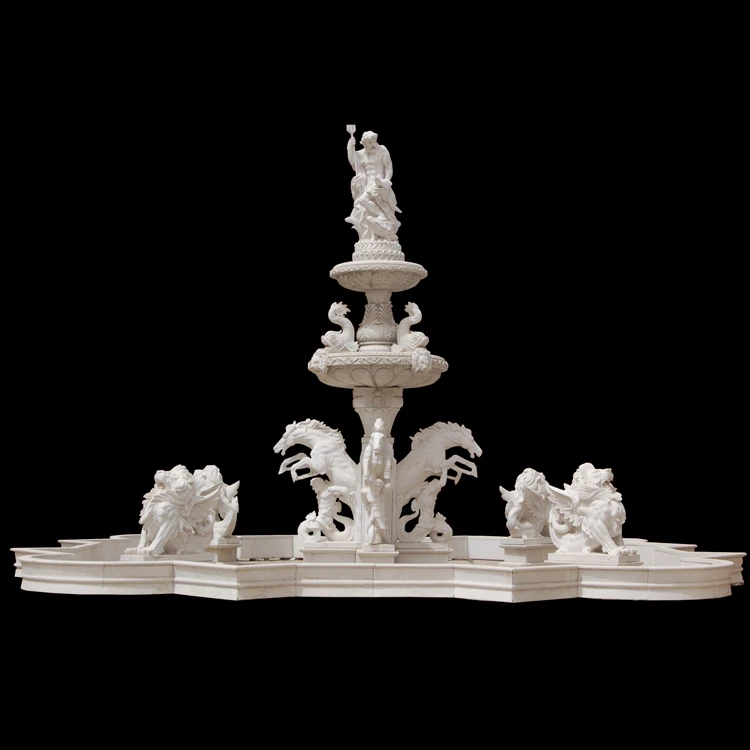 Large Size White Marble Poseidon Statue Water Fountain  with Horse and Flying Lion Sculptures