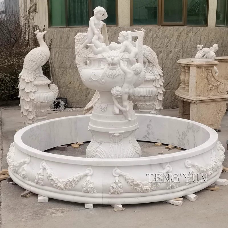 Hand-Carved White Marble Fountain with Cherubs
