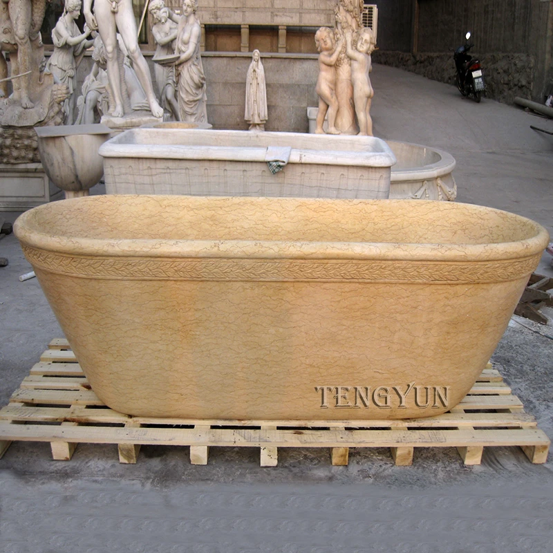 Egyptian Beige Marble Bathtub Sculpture – Hand-Carved Natural Stone Luxury Tub