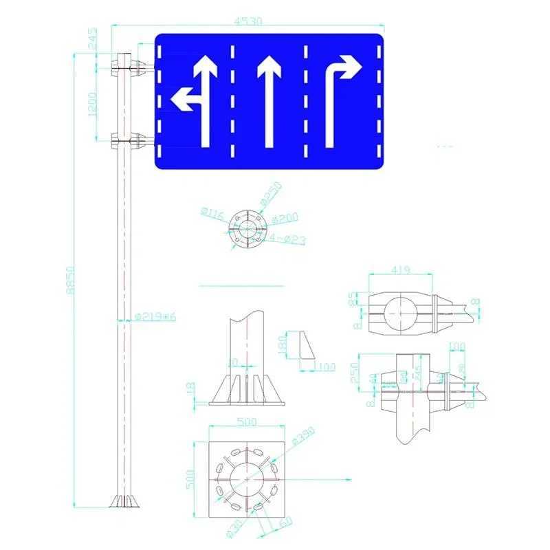 Road Traffic Sign Pole Double Hanging Reflective Blue Background Hot-dip Galvanized Steel Plate Using White Characters