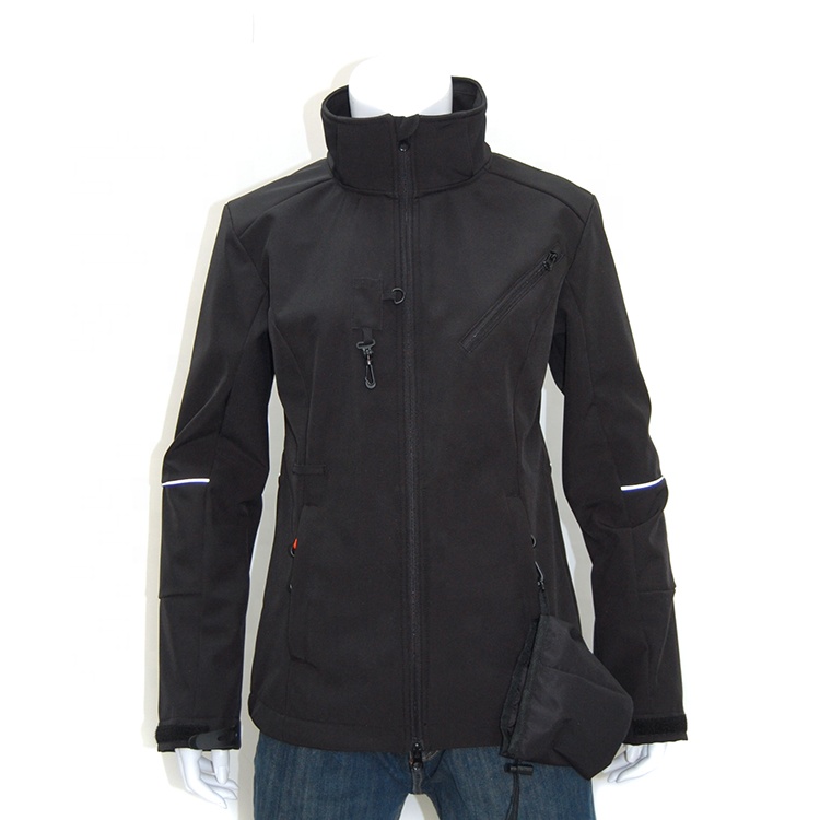 Custom Sublimation Black Softshell Womens Jacket with Reflection and Detachable Hood