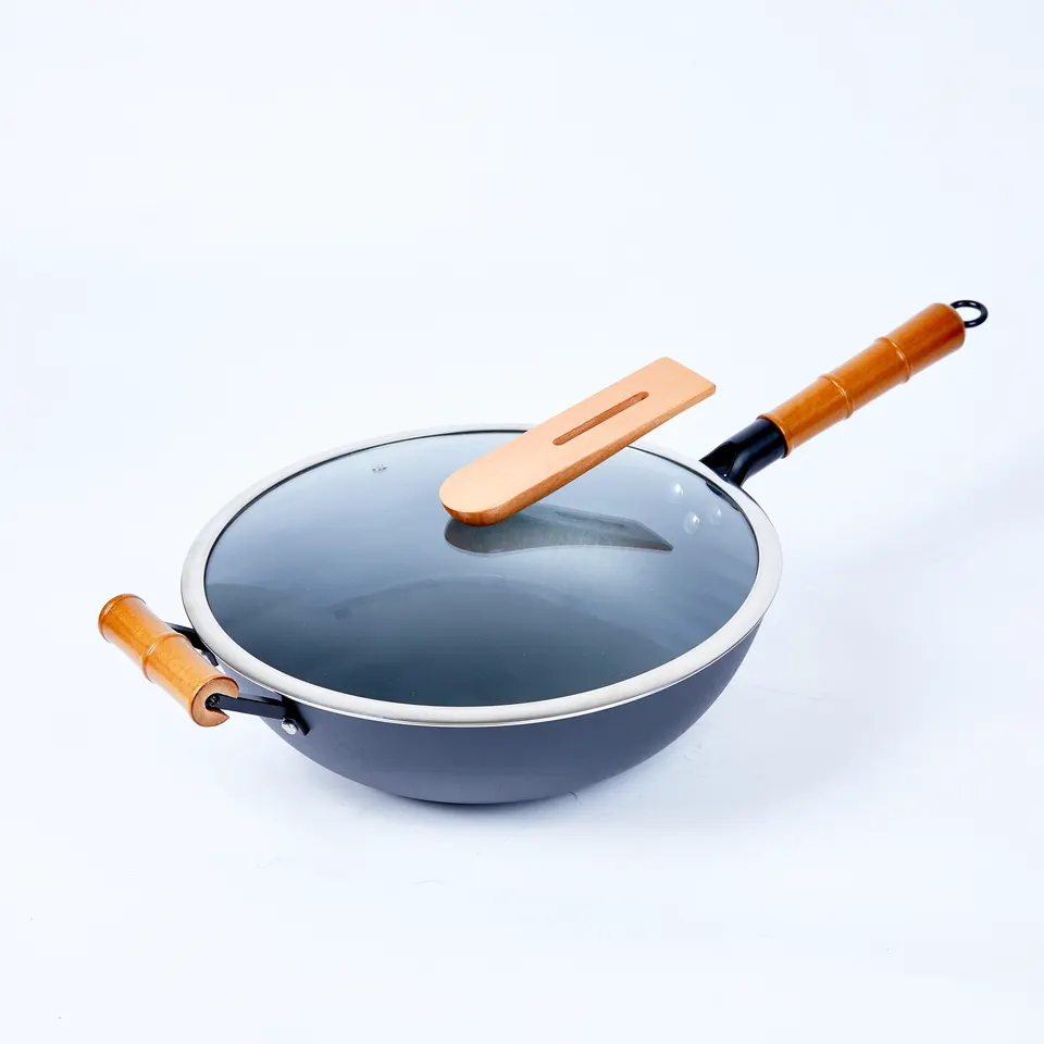 Flat Bottom Glass Lid Cast Iron  Non Stick Wok With Wooden Handle