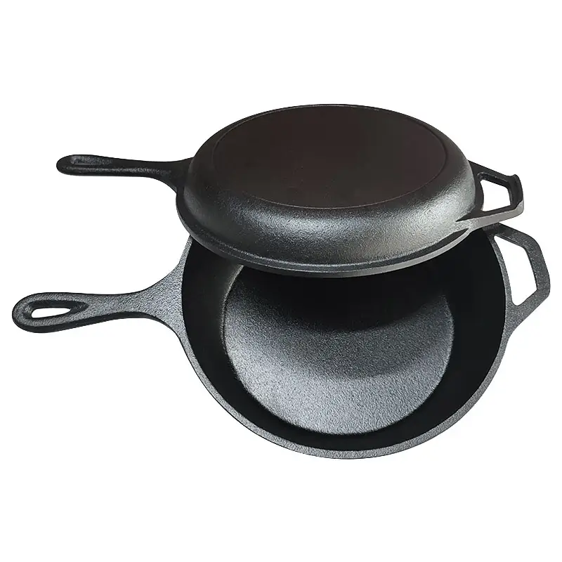 2-in-1 Long Handle Pre-seasoned Flat Bottom Cast Iron Pan