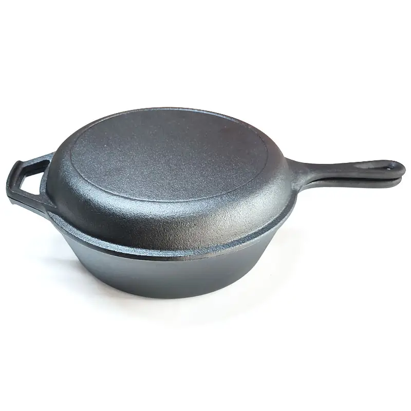 2-in-1 Long Handle Pre-seasoned Flat Bottom Cast Iron Pan
