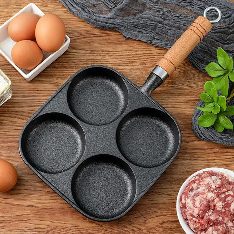 Non Stick Cast Iron Egg Pan Breakfast Cookware 4 Holes Omelette Pancake Frying Pan with long handle