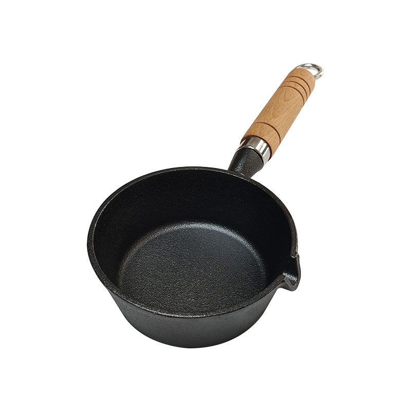 Preseasoned Cast Iron Skillet:Single Pour Nozzle Wood Handle