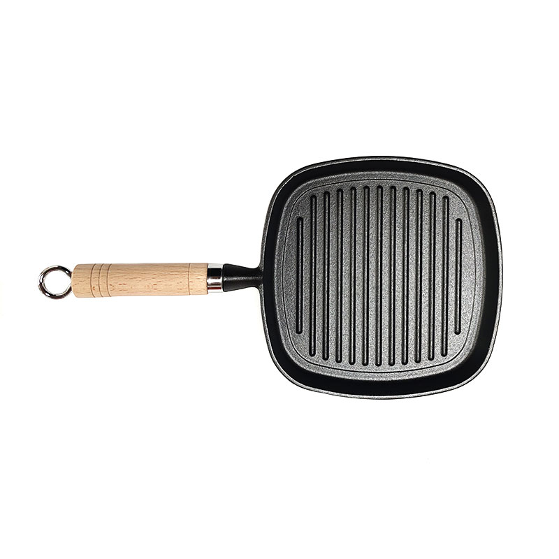 21cm Pre-Seasoned Cast Iron Frying Pan With Ribs And Wooden Handle