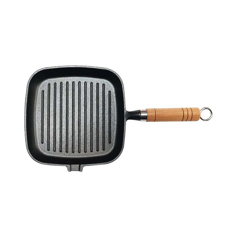 One Oil Pour Port 21cm Pre-Seasoned Cast Iron Frying Pan With Ribs And Wooden Handle