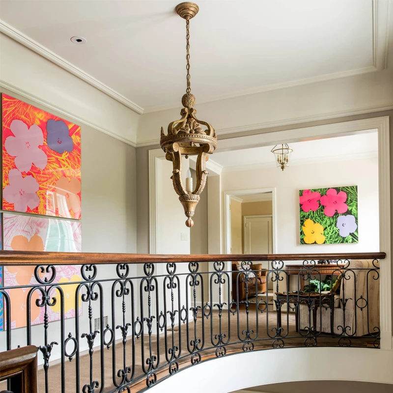 Decorative Wrought Iron Stair Railings With Wooden Handrail