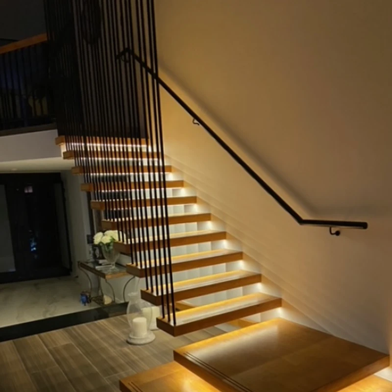 Custom Solid Red Oak Wood Straight Stair Floating Staircase With LED Lighting