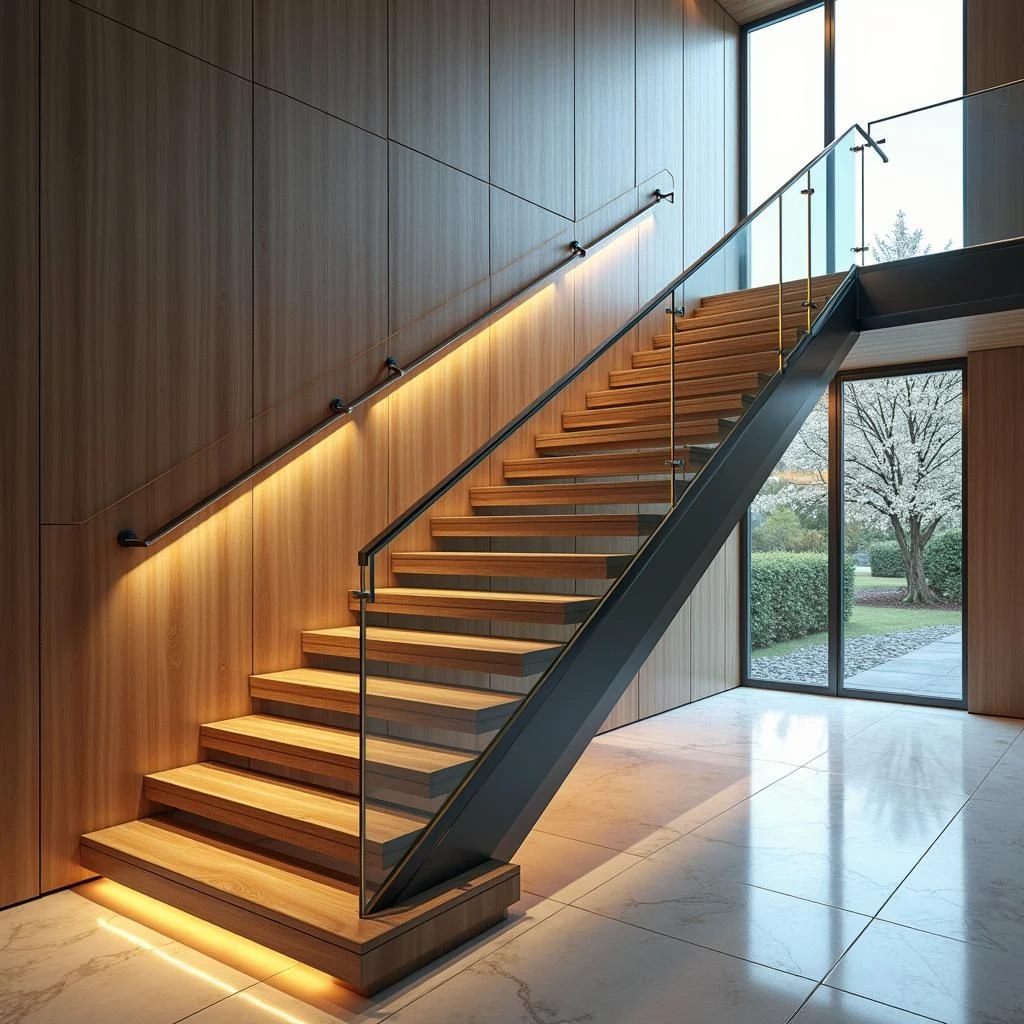 Double Steel Plate Stair Double Stringer Wood Stair Tread