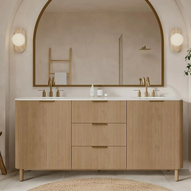 Classic Fluted Wooden Waterproof Bathroom Vanity Cabinet Luxury Hotel Modern Style Floor Standing Bathroom Cabinet