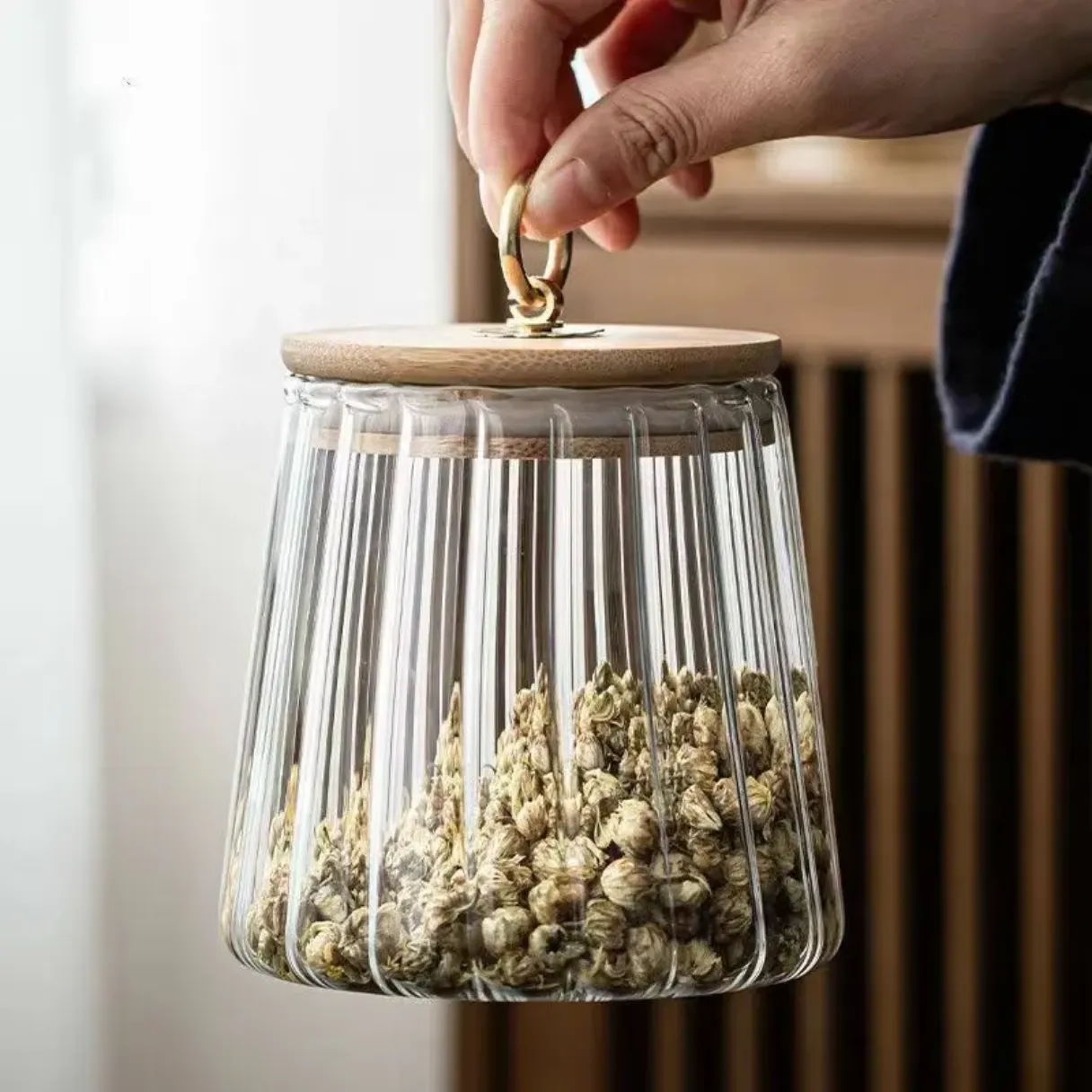 vertical transparent glass cup with metallic pull ring tank tea can dried fruit snack storage cans