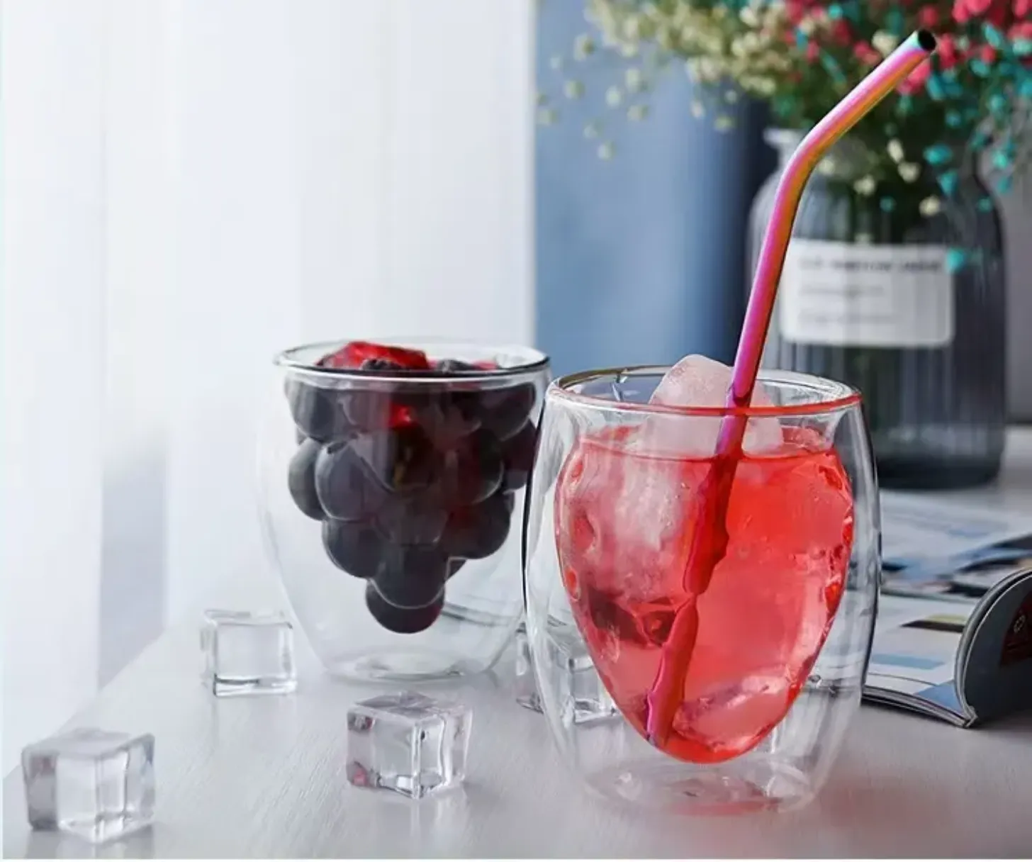 Strawberry-shaped glass mug borosilicate double wall mug double layer