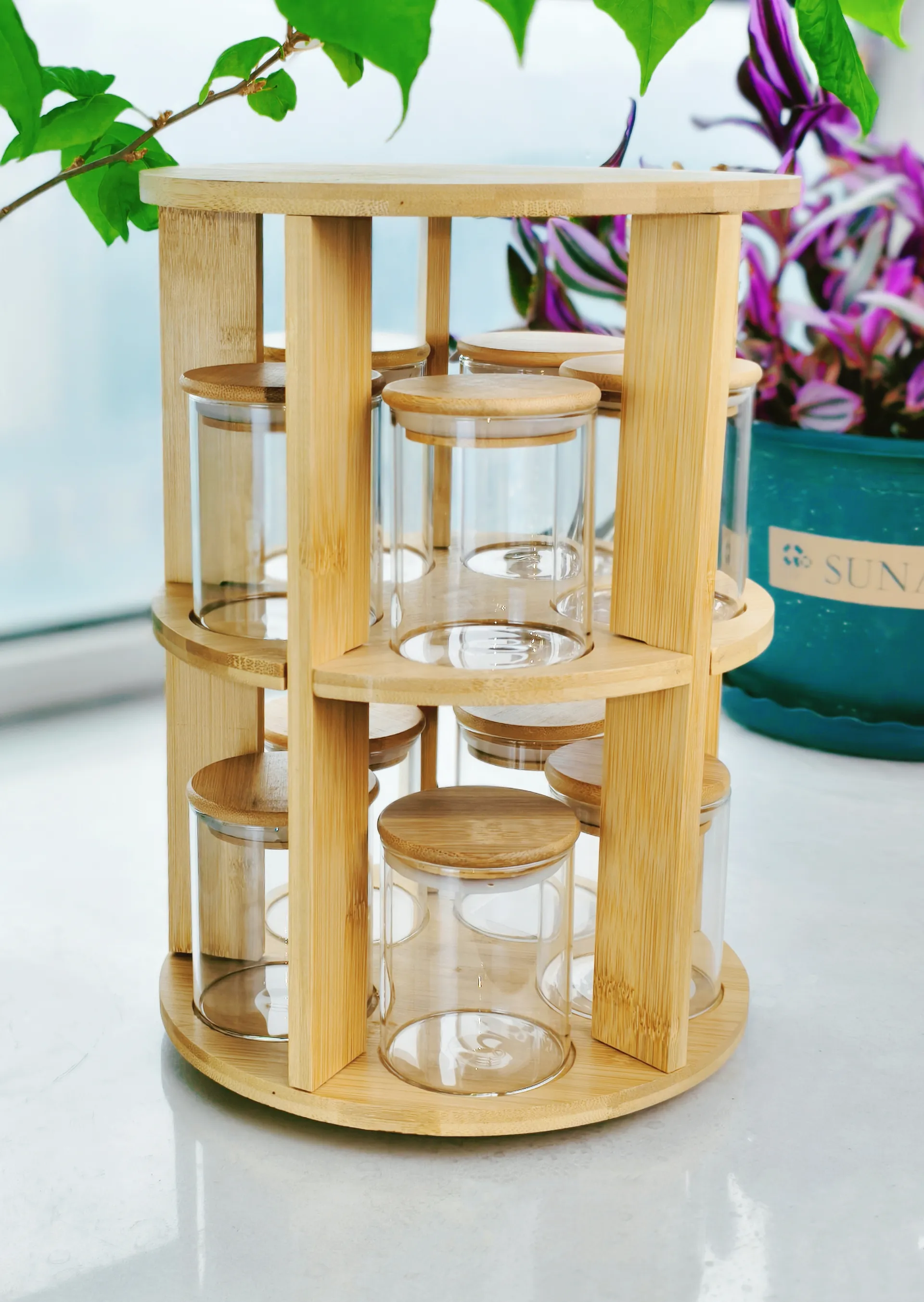 2 tier rotating bamboo rack housing ​10 pristine high-borosilicate glass jars