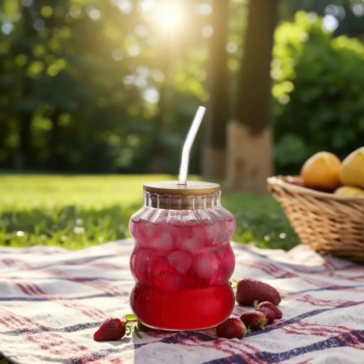 Heat Resistant Coffee Juice Cold Drink borosilicate glass cup with glass straw and bamboo lid