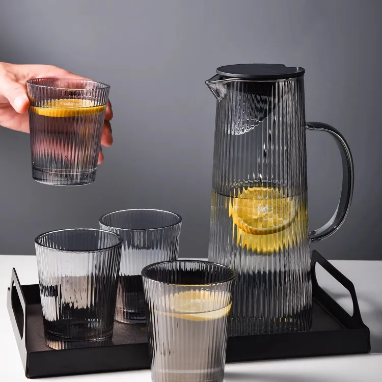 Heat Resistant  Ribbed Glass Pitcher with Lid  and Spout Set