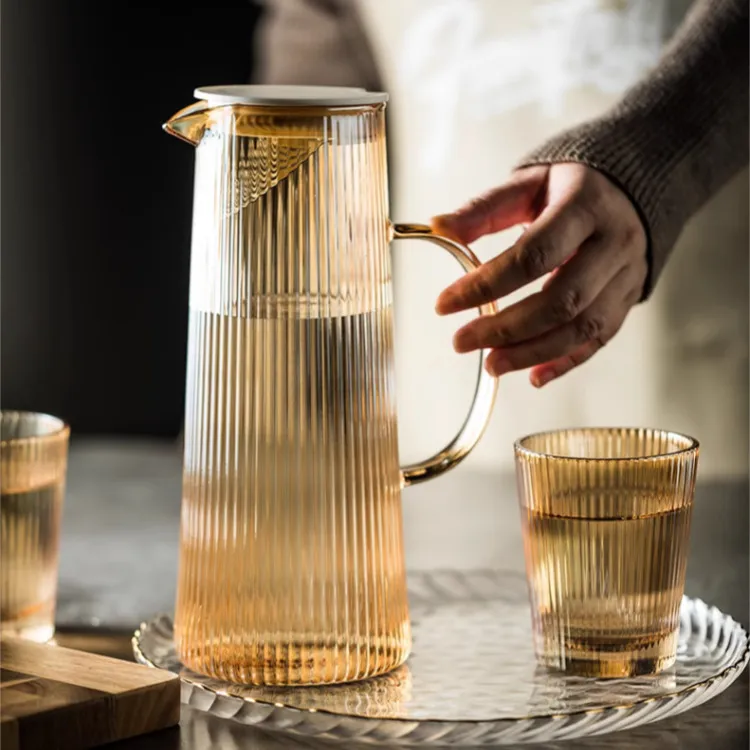 Heat Resistant Ribbed Glass Pitcher with Lid and Spout Set Electroplating Color