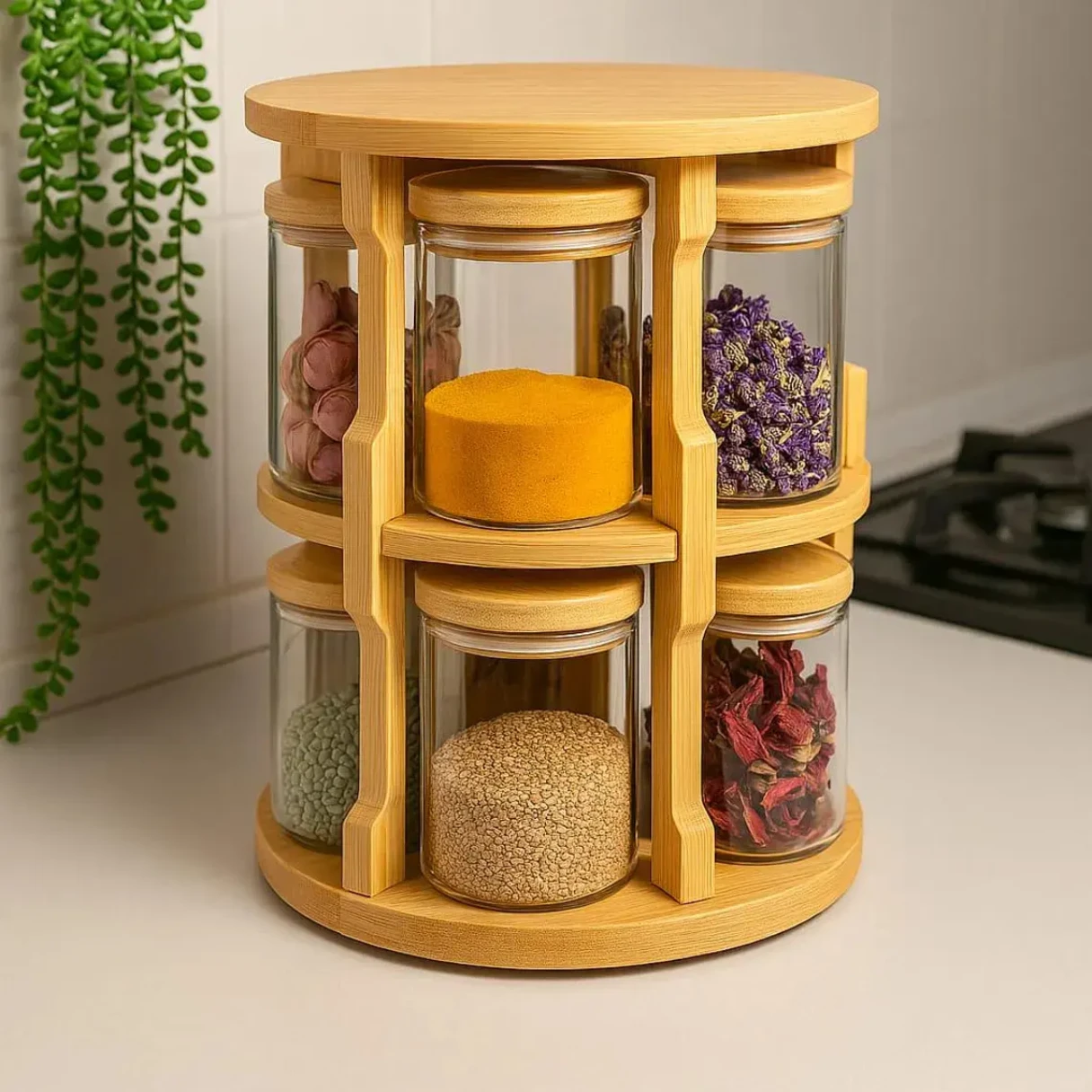 Rotating Bamboo Rack with 10 Ultra-Clear Borosilicate Jars