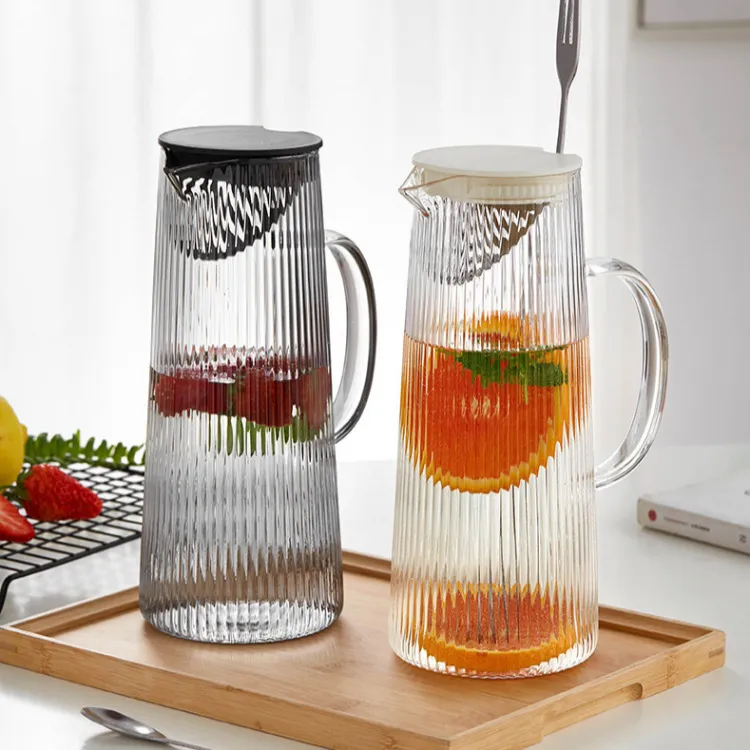 Heat Resistant  Ribbed Glass Pitcher with Lid  and Spout Set