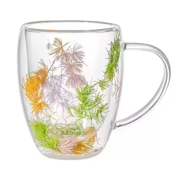 Flower Glass Cups With Suspended Colorful Pine Needles