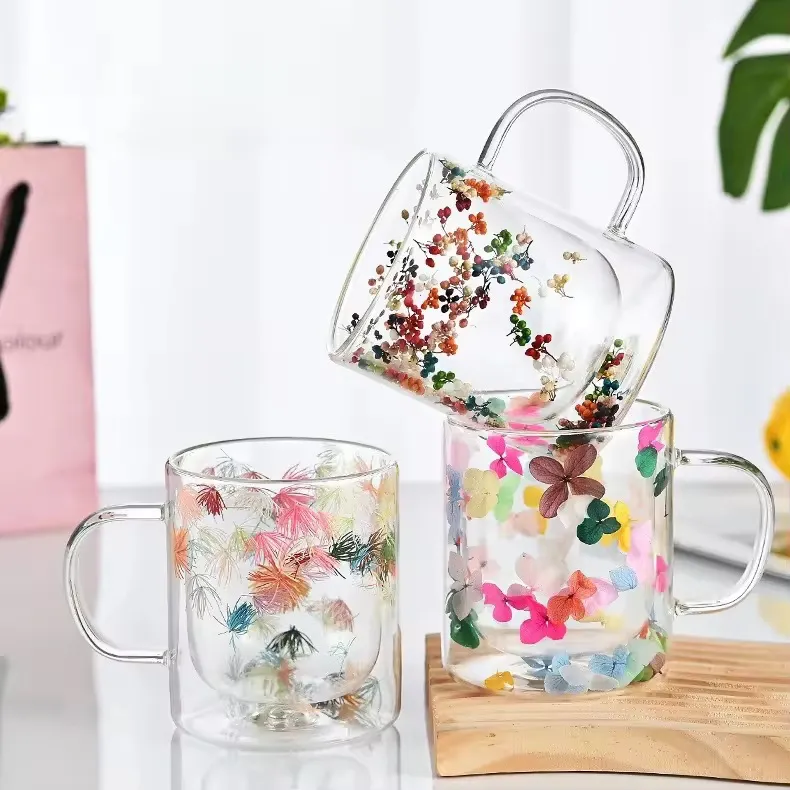 Flower Glass Cups With Suspended Colorful Pine Needles
