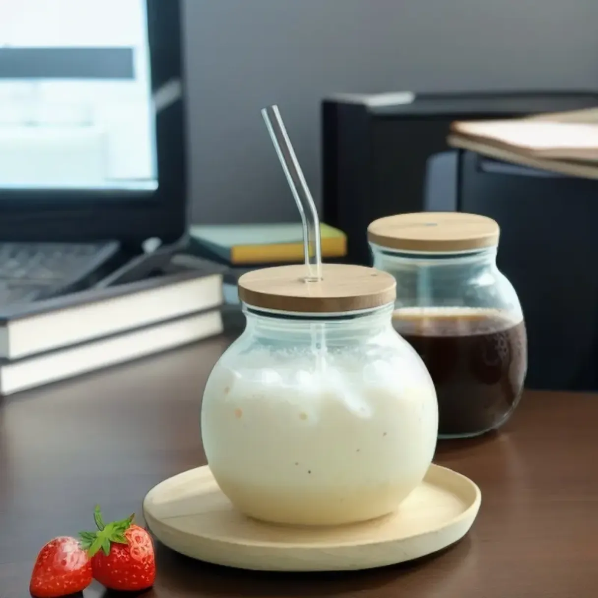 Coconut shape glass mug Ball Shape Glass mug with Straw