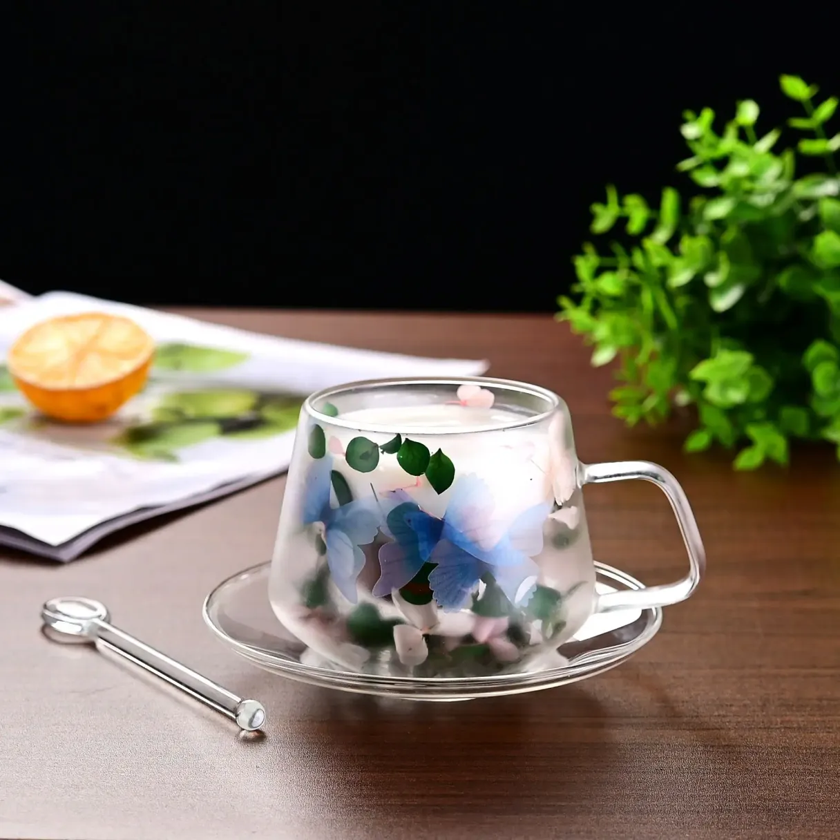 250ml dry flower double wall cup and saucer borosilicate glass