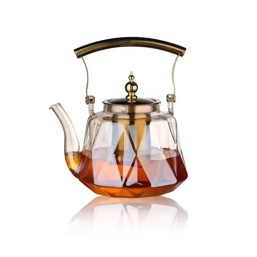 diamond glass tea pot with copper handle and strainer