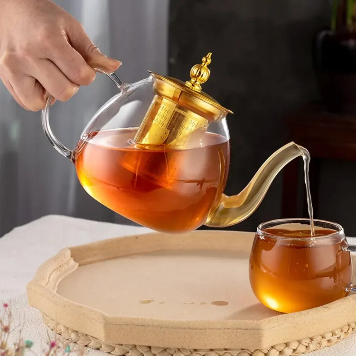 high borosilicate golden lid  glass tea pot 750ml/1L/1.4L