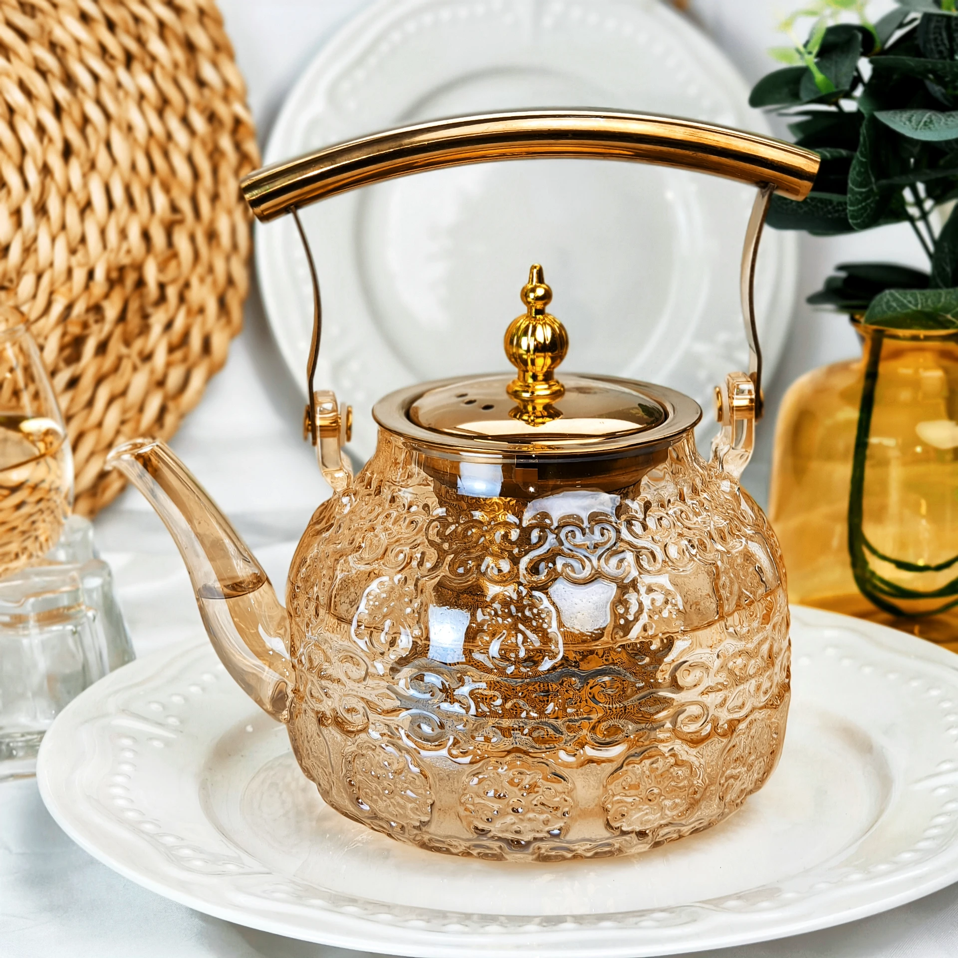 1L amber embossed kettle with stainless steel infuser high borosilicate glass