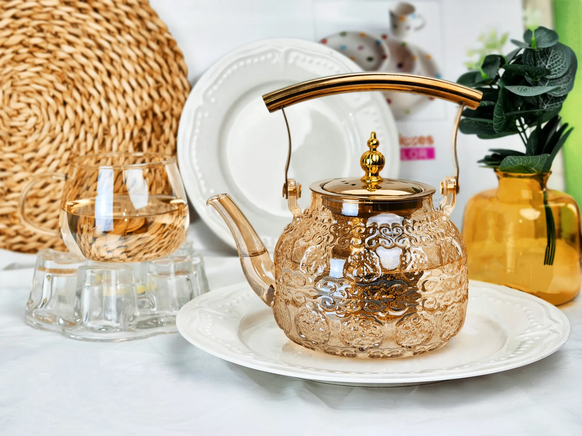 1L amber embossed kettle with stainless steel infuser high borosilicate glass