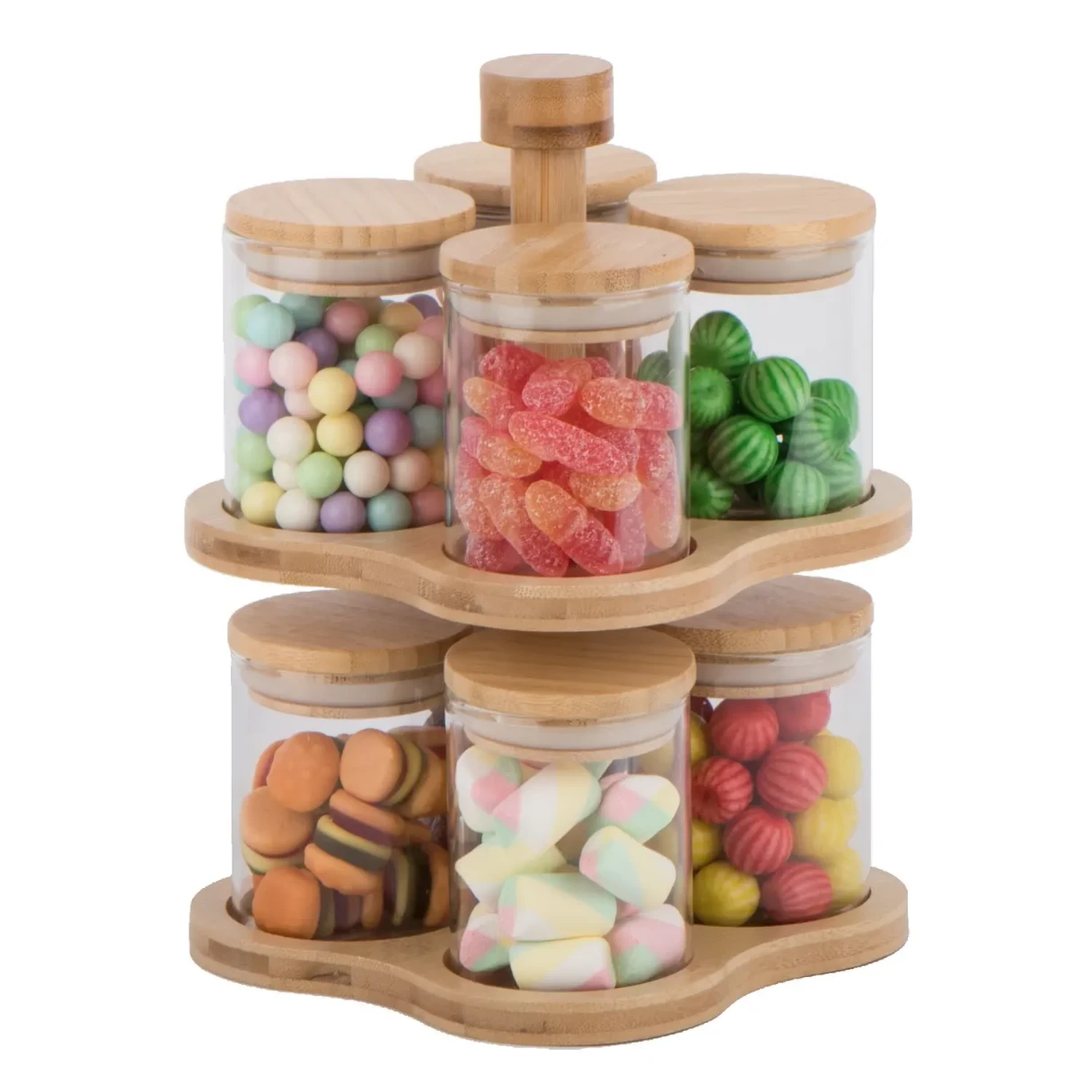 rotating bamboo rack housing ​8 pristine high-borosilicate glass jars