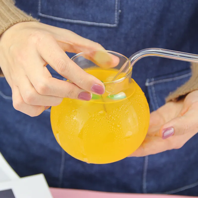 ball shape heat resistant glass mug with glass straw glass lid