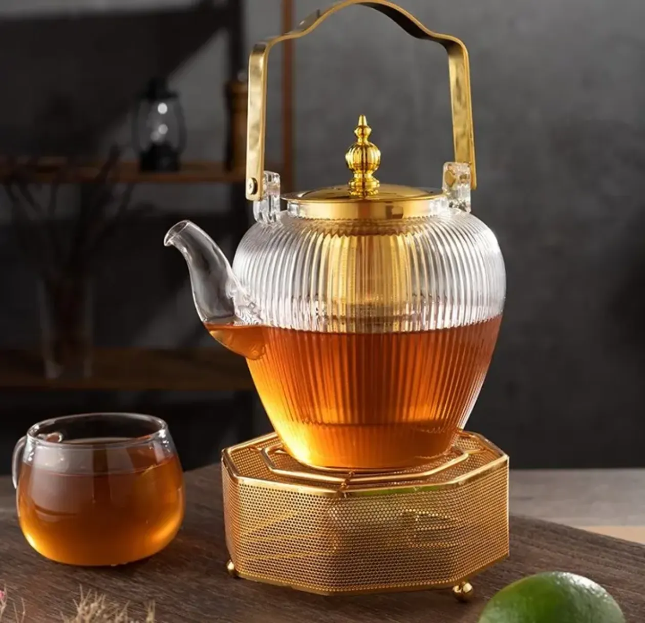 1000ml 1200ml 1500ml high borosilicate glass stripe tea pot with 304SS steel handle and infuser