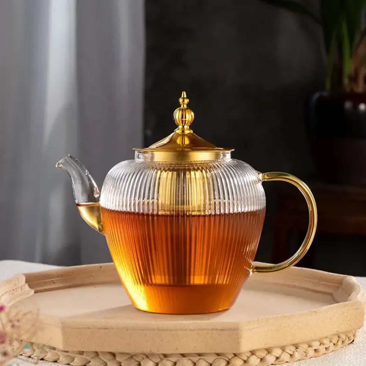 1000ml 1200ml 1500ml high borosilicate glass stripe tea pot with 304SS steel handle and infuser