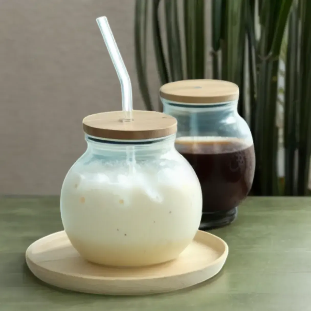 Coconut shape glass mug Ball Shape Glass mug with Straw