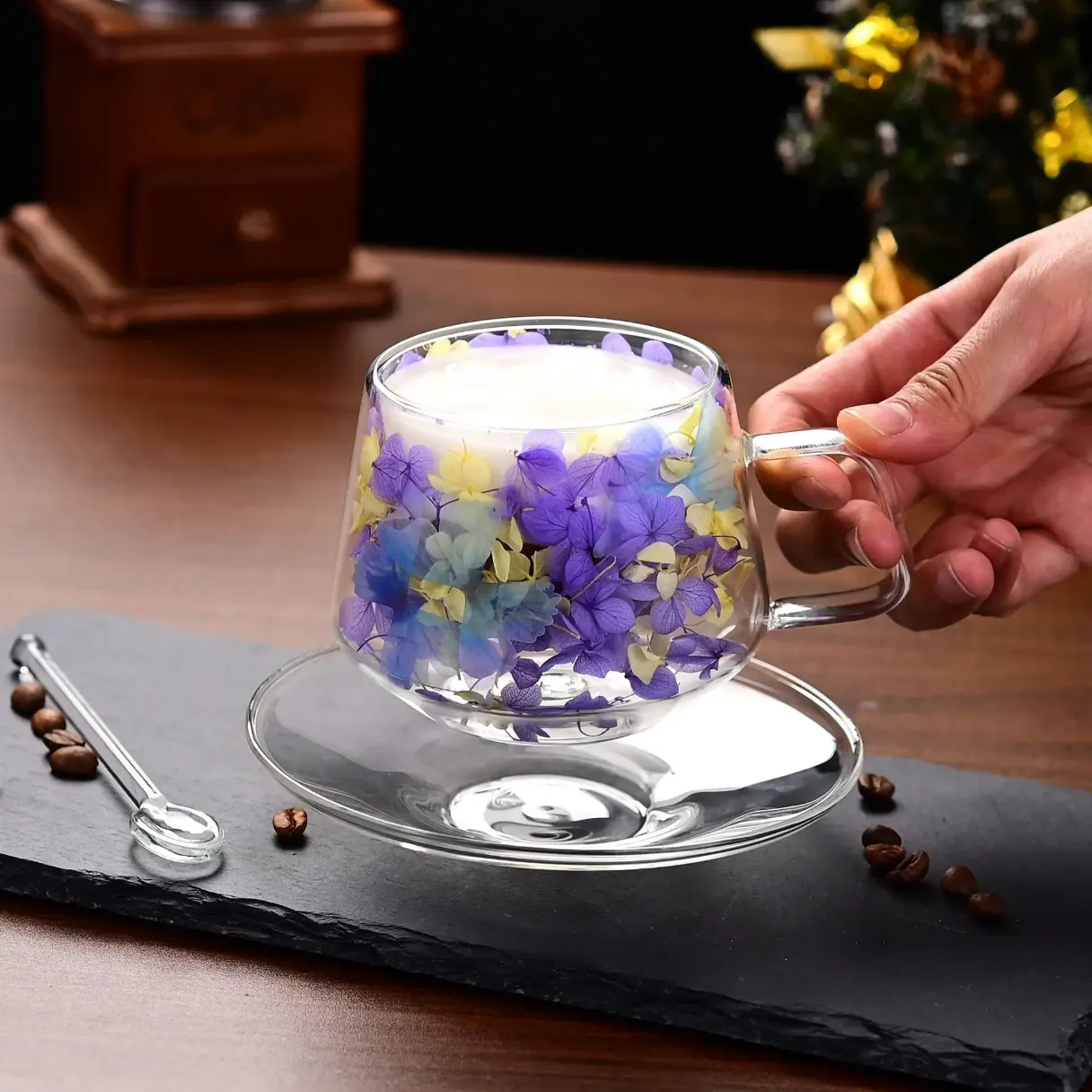 250ml dry flower double wall cup and saucer borosilicate glass