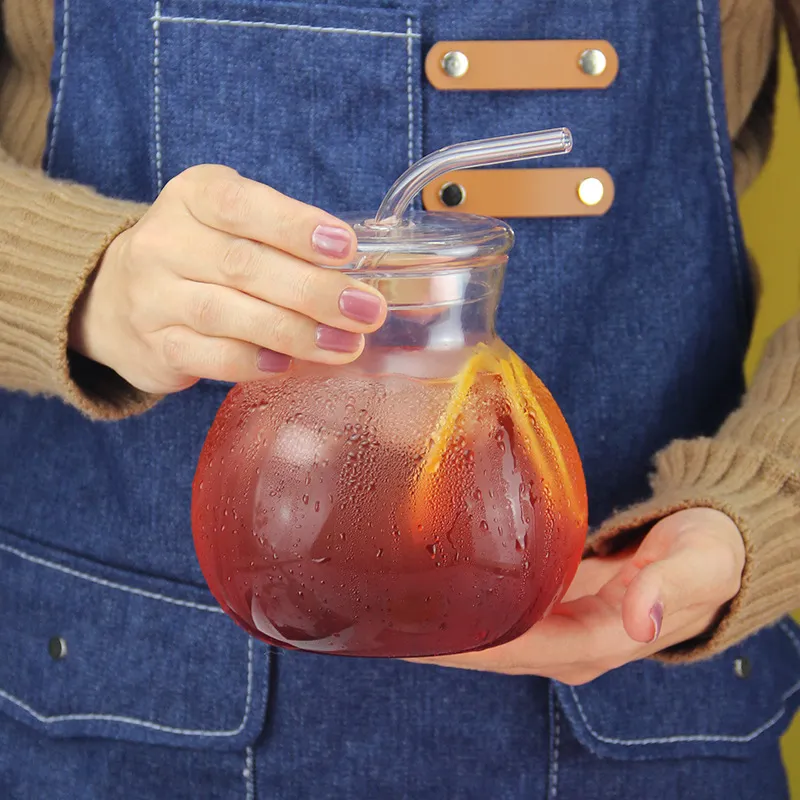 ball shape heat resistant glass mug with glass straw glass lid